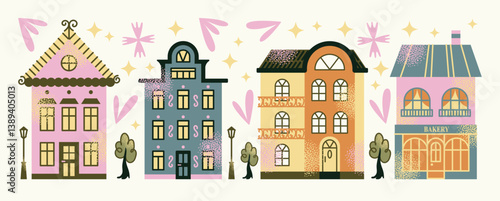 Set urban buildings and shop facades with trees and street lamps isolated on background. Flat vector illustration in cartoon style. Hand drawn city architecture elements. Urban landscape and city