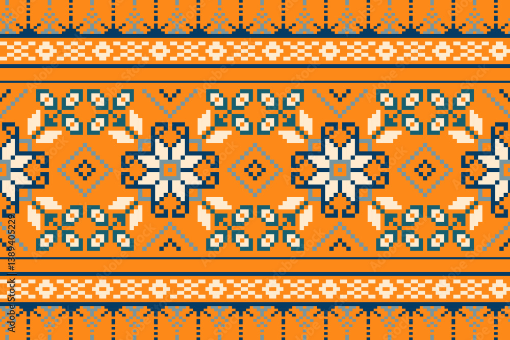 Ethnic pixel art background.Repeating geometric pattern design with floral.Design for texture,fabric,cloting,carpet,knitewar,curtains,wrapping,batik,scarf,vector,illustration