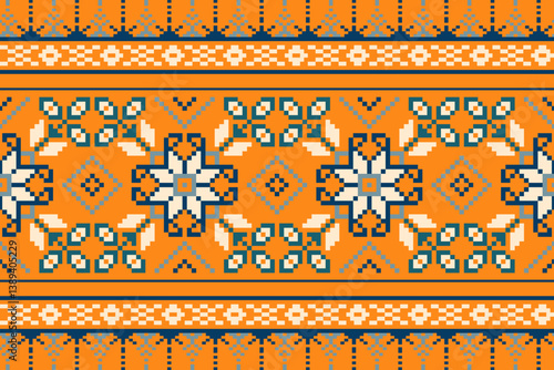 Obraz na płótnie Ethnic pixel art background.Repeating geometric pattern design with floral.Design for texture,fabric,cloting,carpet,knitewar,curtains,wrapping,batik,scarf,vector,illustration w salonie