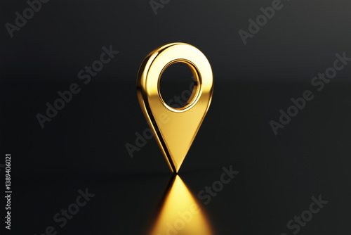 Glossy gold map pin on elegant dark surface with reflections