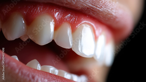 Macro shot revealing inflamed gums and discomfort in clenched teeth with visible details