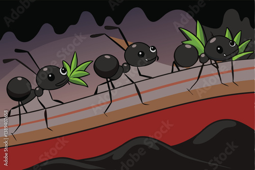 Cute cartoon ants diligently carry green leaves in a line across a textured path, symbolizing teamwork and purpose in nature's busy world, perfect for educational and inspiring projects.