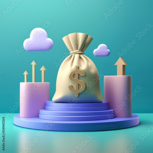 A stylized illustration of a money bag on a podium, surrounded by upward arrows and clouds, symbolizing financial growth and success.
