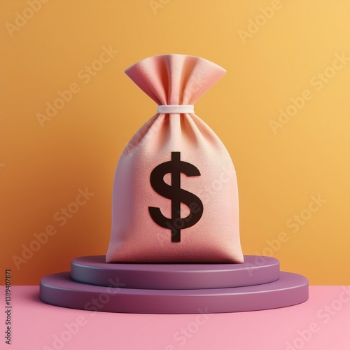 A stylish, pink money bag with a dollar sign sits atop purple platforms against a vibrant orange background.