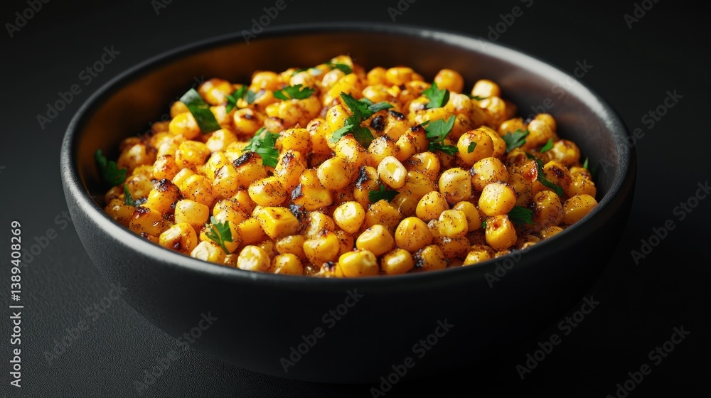 Roasted corn kernels bowl, dark background, food photography, recipe Roasted corn kernels bowl, dark background, food photography, recipe