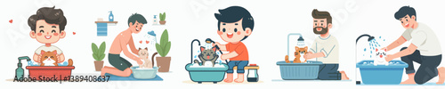 set vector teenagers bathing cats in flat design style