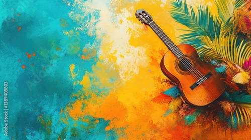 Acoustic guitar rests amidst tropical foliage against an vibrant, textured abstract backdrop