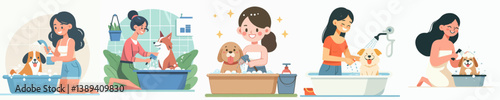 set vector teenagers bathing dogs in flat design style