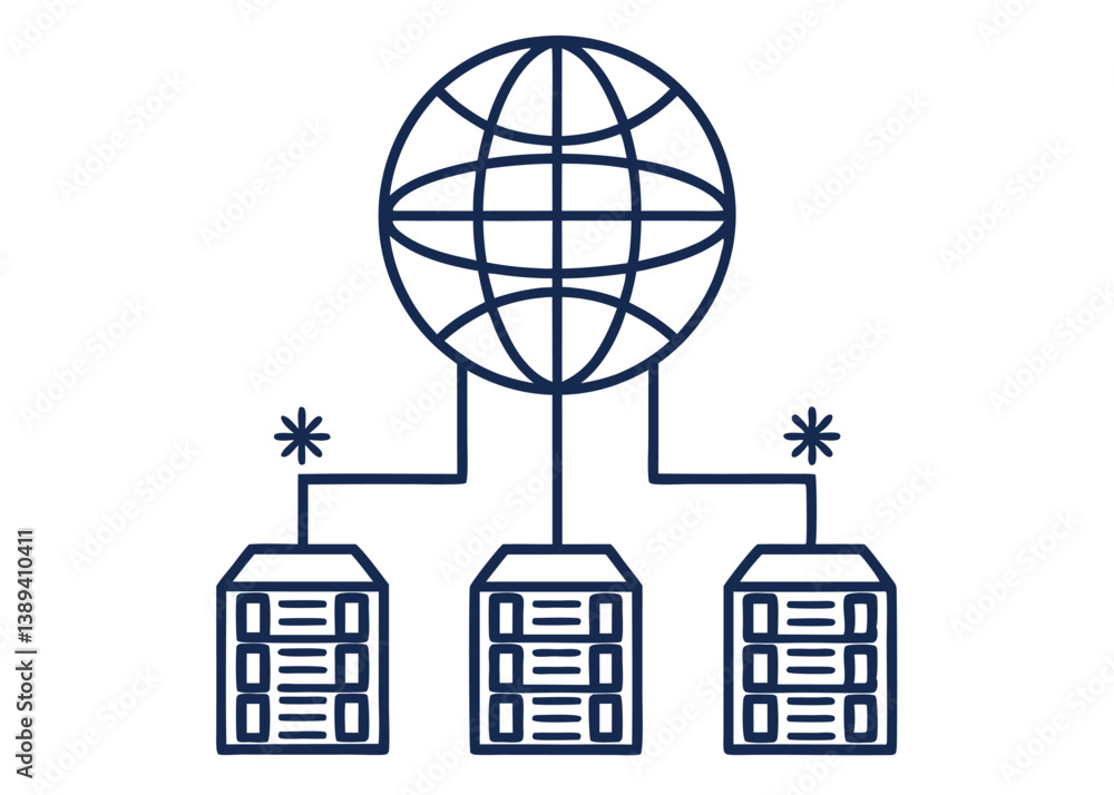 Obraz premium Global network connection with data center servers representing worldwide digital communication and cloud computing solutions