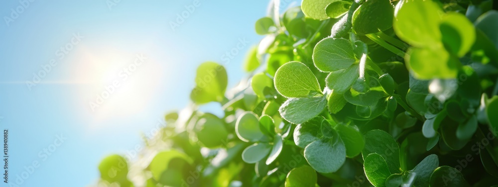 Lush Green Foliage Against Bright Blue Sky with Sun Glare Lush Green Foliage Against Bright Blue Sky with Sun Glare