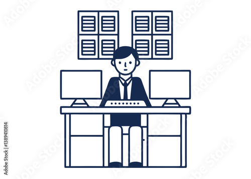 Professional businessman at modern office desk, working diligently with computer screens, managing data and tasks effectively, focused on success and efficiency
