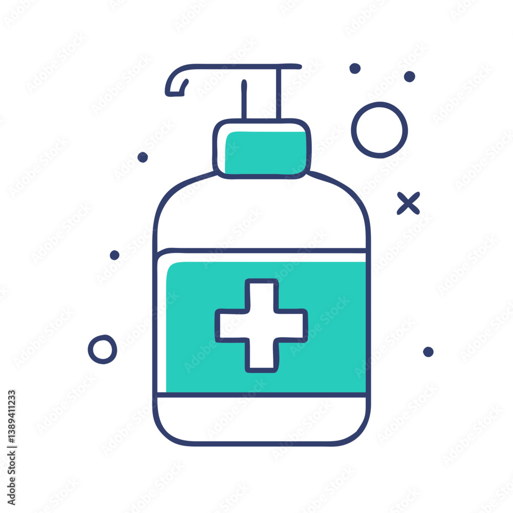 Obraz premium Stylized illustration of a teal pump bottle with a medical cross, representing hygiene and health, ideal for promoting hand sanitizer products, cleanliness, and public health awareness.
