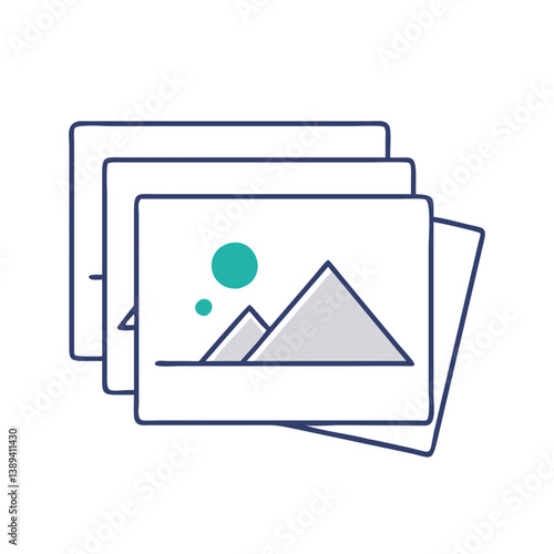 Flat icon of a stack of images, representing photo galleries, media storage, picture albums, and digital content organization
