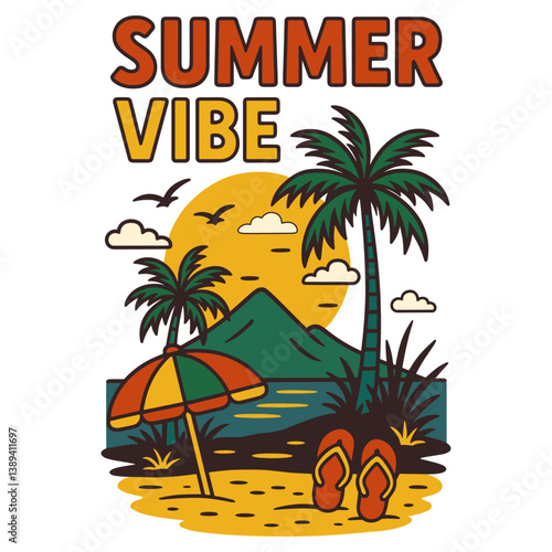 Retro summer vibes design for t-shirt print showing ocean, palm trees, sunset, mountain, and flip-flops, suitable for vacation and beach party posters.