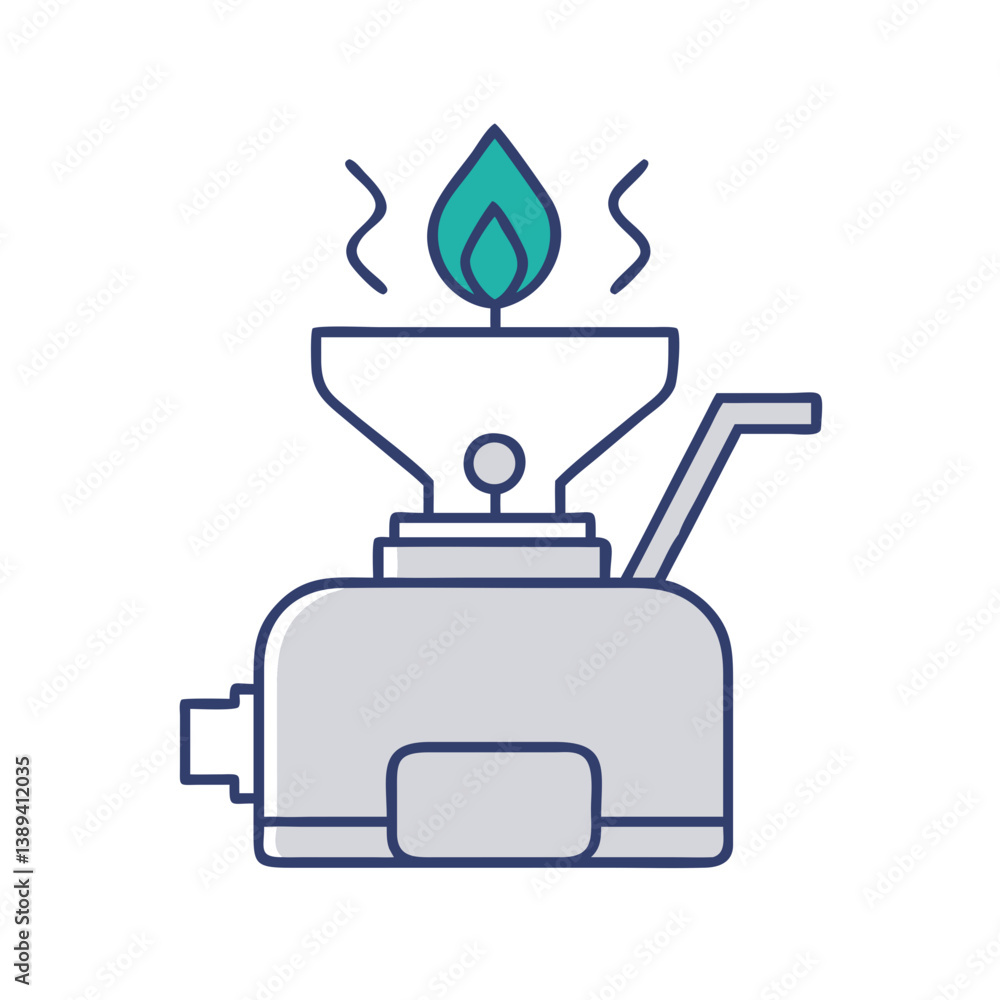 Flat icon of a portable gas burner with flame, representing outdoor cooking equipment, camping stove, compact heat source for travel, survival, or adventure activities
Flat icon of a portable gas burner with flame, representing outdoor cooking equipment, camping stove, compact heat source for travel, survival, or adventure activities