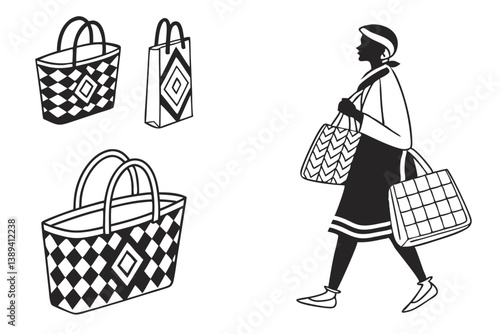 66 Minimalist bag designs, black and white illustrations, geometric patterns, handbag silhouettes, tote bags, woven baskets, checkered patterns, grid patterns, diamond patterns, stylized shopping bags