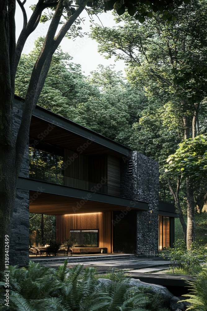Modern architecture blends with nature in a serene forest setting featuring a stylish house surrounded by lush greenery during the early evening hours Modern architecture blends with nature in a serene forest setting featuring a stylish house surrounded by lush greenery during the early evening hours