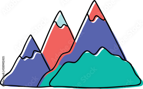 Vibrant abstract mountain range illustration with bold graphic lines and playful color blocks, evoking modern adventure and exploration themes for dynamic designs.