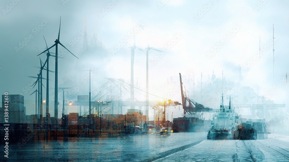 Fototapeta premium Double Exposure of Eco-Friendly Shipping Port with Wind Turbines