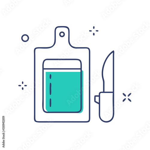 Stylized illustration of a cutting board with a teal container and a knife, representing culinary preparation and kitchen essentials, ideal for food-related graphics, cooking blogs, and culinary arts.