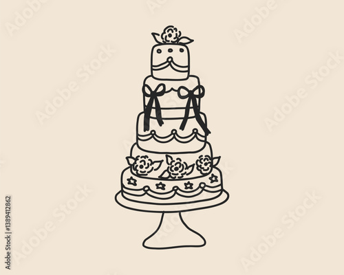 Line art wedding cake. Hand drawn doodle sketch birthday sweet cake. Coquette whimsical food dessert bakery. Vector outline illustration