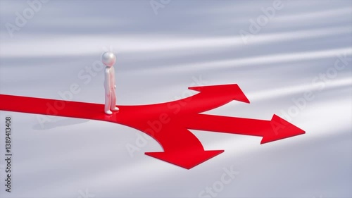 Metallic mannequin is walking on a red path that splits into three red arrows, symbolizing choices, directions, strategy, opportunities, and decision-making