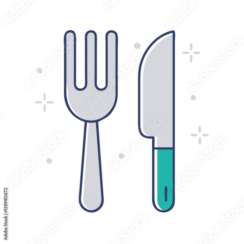 A classic fork and knife in a modern flat design style, representing the essentials of dining and meal preparation, perfect for food-related content and culinary arts.