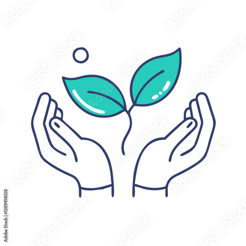 A pair of caring hands nurturing young green leaves, representing growth, environmental protection, the importance of sustainability, and the bond between humans and nature.