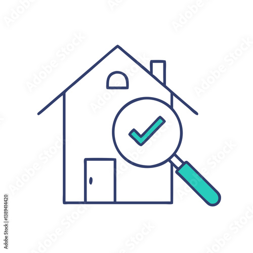 A detailed line drawing of a house with a magnifying glass symbolizing home inspection, depicting the concept of thorough evaluations in real estate, home safety checks for potential buyers.