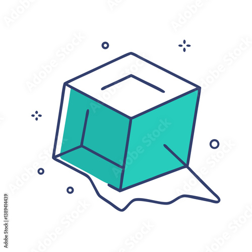 A melting ice cube on a clean surface, depicting the transition of states of matter, representing coolness in beverages, summer vibes, or the fleeting nature of time and freshness.