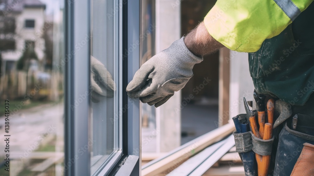 A construction worker installing windows at a building site. Featuring skill and focus A construction worker installing windows at a building site. Featuring skill and focus