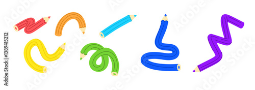 Vector illustration set of cute twisted pencils in rainbow colours. Abstract tangled writing pens in cartoon style. Simple flat icons for school and children.