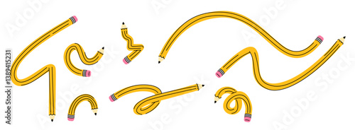 Vector illustration set of cute simple graphite twisted pencils. Abstract tangled writing pens in cartoon style. Simple flat icons for school and children.