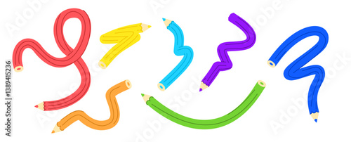 Vector illustration set of cute twisted pencils in rainbow colours. Abstract tangled writing pens in cartoon style. Simple flat icons for school and children.