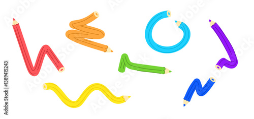 Vector illustration set of cute twisted pencils in rainbow colours. Abstract tangled writing pens in cartoon style. Simple flat icons for school and children.