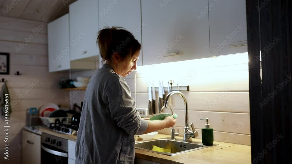 Washing dishes in a cozy modern kitchen during evening hours Washing dishes in a cozy modern kitchen during evening hours