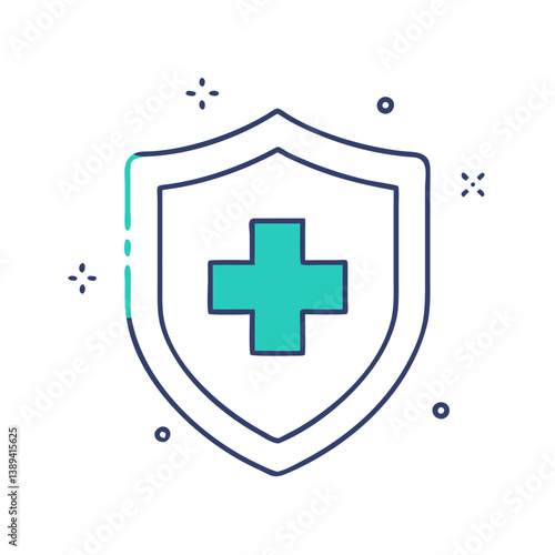Minimalist health insurance shield icon with a green cross, representing security in healthcare, trust in medical services, and protection against health risks.