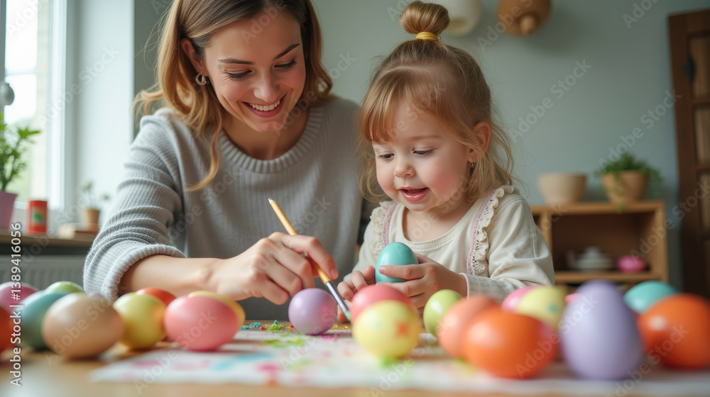 Obraz premium Smiling mom and daughter painting Easter eggs at home. Happy family preparing for Easter and painting Easter eggs. Easter traditions, celebration. Happy Easter! Young woman and girl painting eggs
