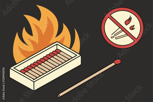 67 Burning match illustration, flaming matchstick icon, no matches allowed sign, fire safety symbol, minimalist design, orange and yellow flames, black background, circular prohibition symbol, warning