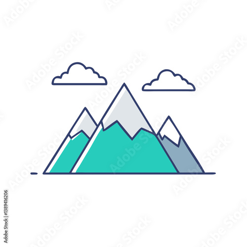 Stylized illustration of snow-capped mountains against a clear blue sky, evoking a sense of tranquility and adventure, ideal for travel-themed designs and nature enthusiasts.