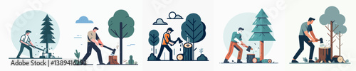 vector set of people cutting trees in flat design style