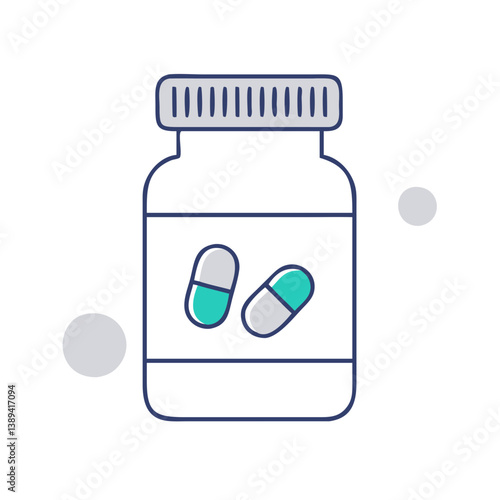 An illustrative bottle of medicine containing capsules, a clean and modern flat design style, depicting healthcare and wellness, suitable for pharmaceutical advertising and medical illustrations.