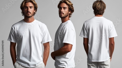 Man showcasing plain white tee from front, side, and back views