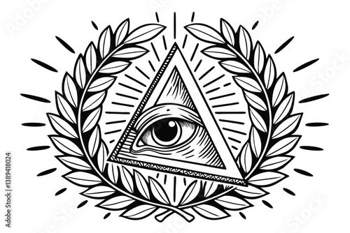 68 Illuminati symbol, all-seeing eye, triangle, laurel wreath, detailed illustration, black and white, engraving style, symmetrical design, mystic, occult, esoteric, banner, rays of light, intricate l