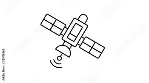 Animated satellite fly and transmit communication signal. Satellite communication and GPS navigation. Looped black white video isolated on white background