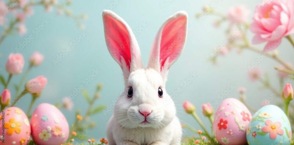 Obraz premium A close-up of Easter bunny ears with decorated eggs and stems, set against a delicate floral pattern and pastel colors, flower arrangement, easter bunny ears