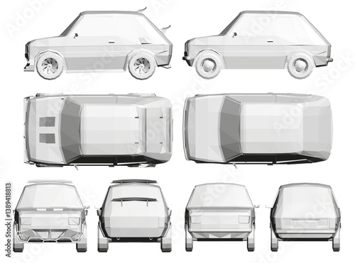 A car is shown in different angles, with the front and back of the car being the most prominent. The car is white and has a boxy shape. The car is designed to be a futuristic vehicle, with a sleek