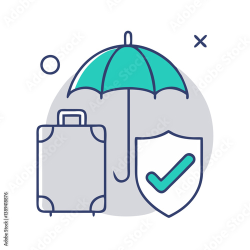 Travel insurance concept with a protective umbrella, a suitcase, and an emblem indicating security, symbolizing the importance of safeguarding one’s travels, peace of mind for travelers.