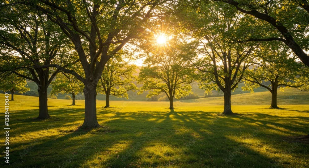 Serene Sunset Meadow - Tranquil landscape of a sunlit meadow with majestic trees casting long shadows. Peaceful nature scene Serene Sunset Meadow - Tranquil landscape of a sunlit meadow with majestic trees casting long shadows. Peaceful nature scene