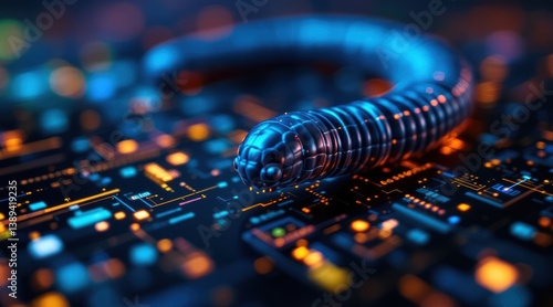A futuristic digital worm on a circuit board, illuminated by vibrant lights, symbolizes technology and cybersecurity.